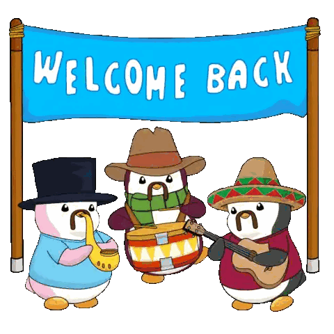 three penguins playing instruments under a welcome back sign