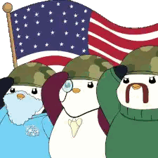 Three Penguins Saluting Flag in Military Hats