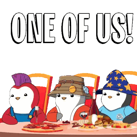 three penguins sit at a table with plates of food and the words one of us above them