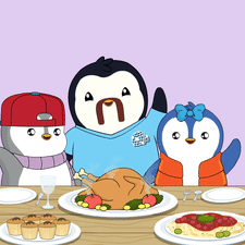 Three Penguins Sitting At Table With Food GIF