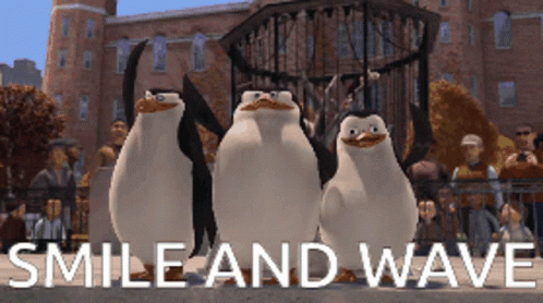 Three Penguins Standing In Front Of Smile And Wave GIF