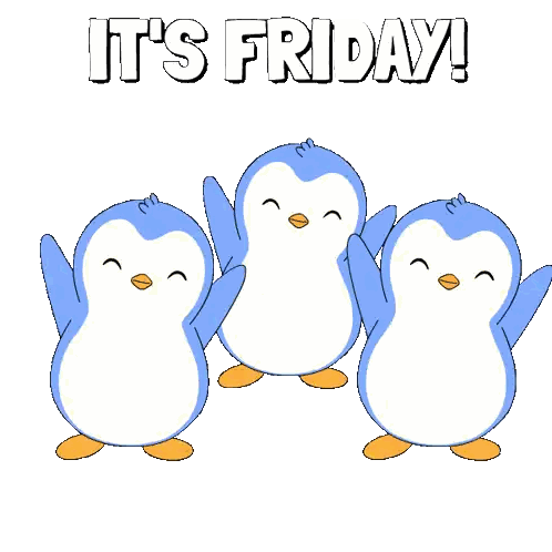 three penguins standing next to each other with the words " it 's friday " written above them