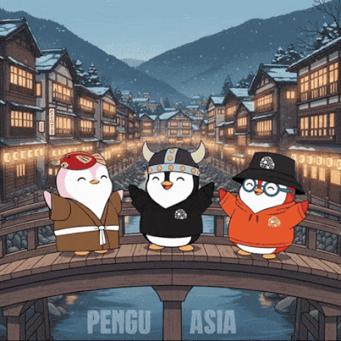 Three Penguins Standing On Bridge Pengu Asia GIF