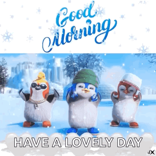 Three Penguins Wearing Hats And Sunglasses Are Dancing In The Snow . GIF