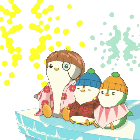 Three Penguins Wearing Hats on Iceberg