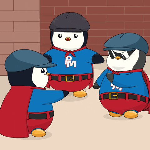 Three Penguins Wearing Rm Shirts Are Standing In A Circle GIF