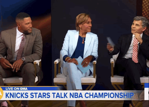 Three People Are Sitting In Chairs On A Live On Gma Show About The Knicks Stars Talking About The Nba Championship GIF
