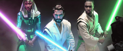 Three People Holding Lightsabers