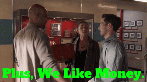 Three People Standing In Front Of A Display Case With The Words Plus We Like Money On The Bottom GIF