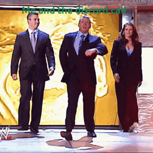 Three People Standing On A Stage With The Words Me And The Discord Call GIF