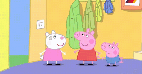 Three Peppa Pigs Standing In Hallway GIF