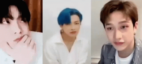 Three Picture Collage Young Man Blue Hair White Shirt