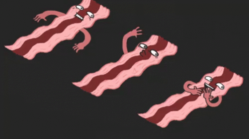 Three Pieces Of Bacon With Arms And Faces On Them GIF
