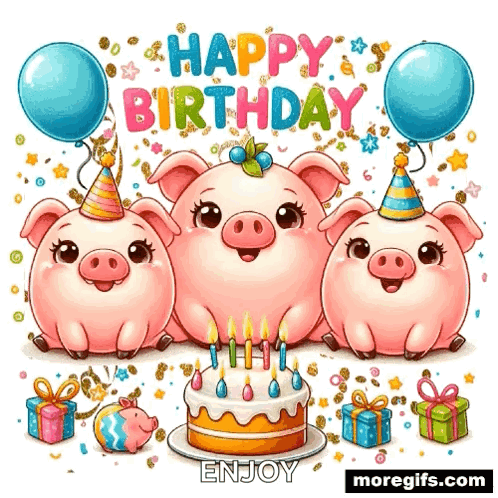 Three Pigs Wearing Party Hats And Balloons Are Celebrating A Birthday GIF