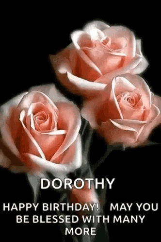 Three Pink Roses With The Words `` Happy Birthday ! May You Be Blessed With Many More '' On A Black Background . GIF