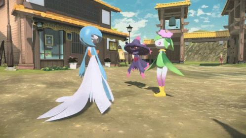 Three Pokemon Are Standing In Front Of A Building GIF