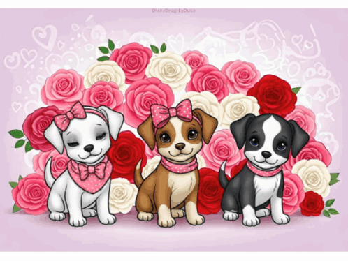 Three Puppies With Bows On Their Heads Are Sitting In Front Of Roses GIF