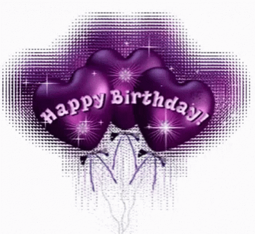 three purple heart shaped balloons with the words `` happy birthday '' written on them