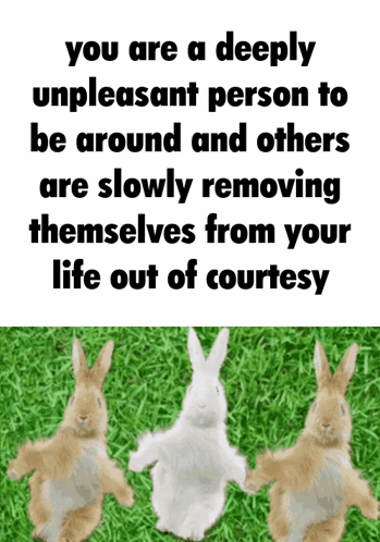 Three Rabbits Are Standing In The Grass With A Quote That Says You Are A Deeply Unpleasant Person To Be Around GIF