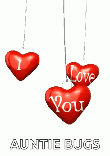 Three Red Hearts With The Words I Love You Hanging From Strings GIF