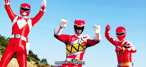 Three Red Power Rangers With Arms Raised Rangers Forever