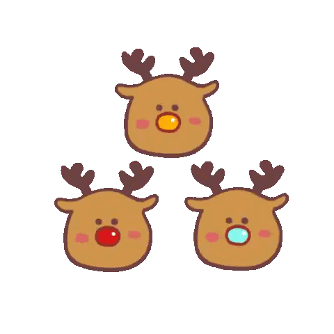 three reindeer with different colored noses are lined up in a triangle on a white background .