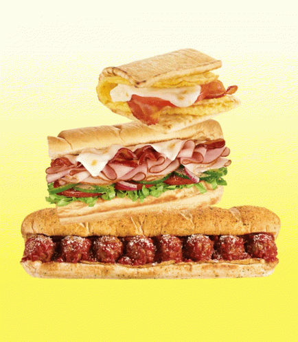 Three Sandwiches Are Stacked On Top Of Each Other Including Meatballs And Eggs GIF