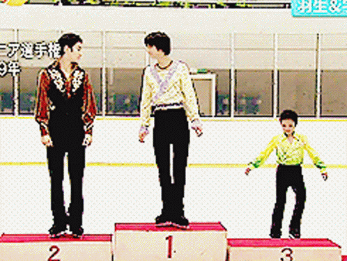Three Skaters Are Standing On A Podium With Numbers 1 2 And 3 On Them GIF