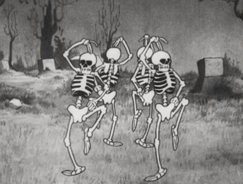 Three Skeletons Are Dancing In A Cemetery In Black And White GIF