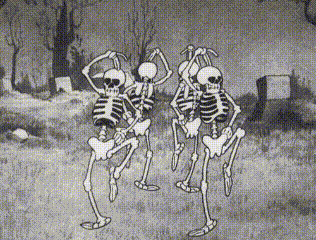 Three Skeletons Dancing in Cemetery Black and White Cartoon