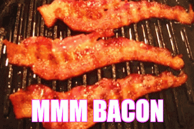 Three Slices Of Bacon Are Cooking On A Grill And The Words Mmmm Bacon Are Visible GIF