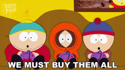 Three South Park Characters Are Playing A Video Game With The Words We Must Buy Them All Below Them GIF
