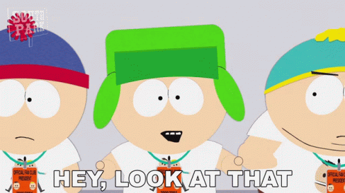 Three South Park Characters Are Standing Next To Each Other And One Of Them Is Wearing A Lanyard That Says Hey Look At T GIF