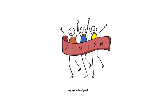 Three Stick Figures Crossing Finish Line