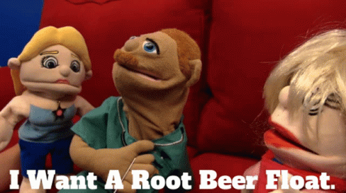 Three Stuffed Animals Are Sitting On A Red Couch With The Words " I Want A Root Beer Float " On The Bottom GIF
