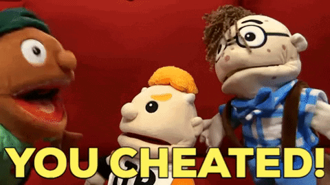 Three Stuffed Animals Are Standing Next To Each Other With The Words " You Cheated " Written In Yellow GIF