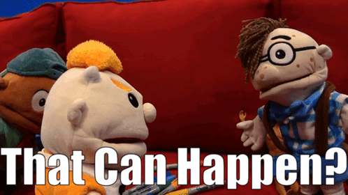 Three Stuffed Animals on Red Couch Saying That Can Happen