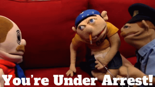 Three Stuffed Animals On Red Couch Saying You're Under Arrest GIF