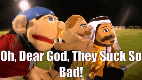Three Stuffed Animals With The Words Oh Dear God They Suck So Bad Written Below Them GIF