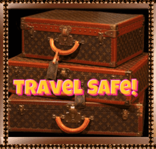 Three Suitcases Are Stacked On Top Of Each Other With The Words Travel Safe Written In Pink GIF