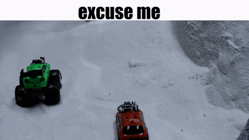 Three Toy Cars Are Driving Down A Snowy Road And The Words Excuse Me Are Above Them GIF