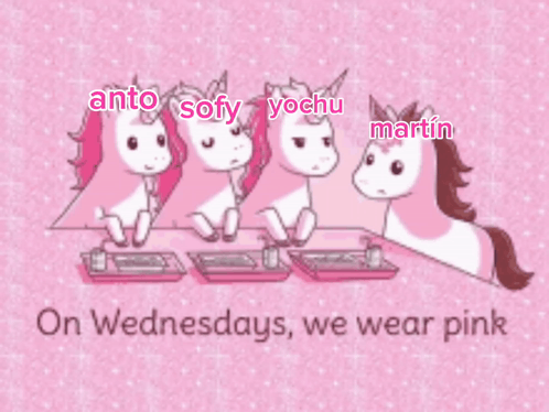 Three Unicorns Are Sitting At A Table With The Words On Wednesdays We Wear Pink GIF