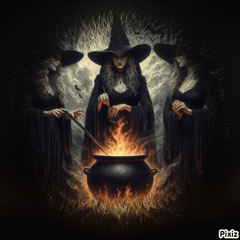 Three Witches Preparing Potion in Cauldron