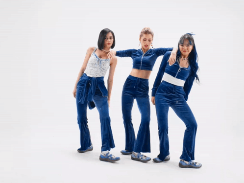 Three Women Are Posing For A Picture And One Of Them Has Blue Hair GIF