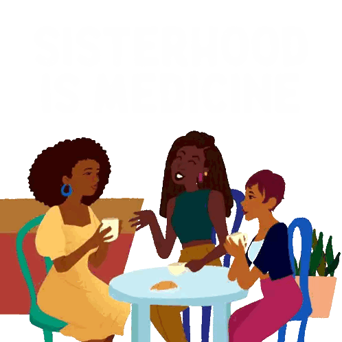 three women are sitting at a table with cups of coffee
