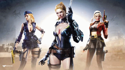 Three Women Are Standing Next To Each Other With Guns And The Word Crossfire On The Bottom Right GIF