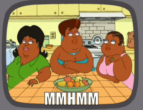 Three Women at Table with Fruit Saying Mhmm