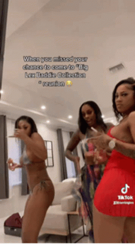 Three Women In Bikinis Standing In Living Room GIF
