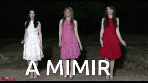 Three Women In Dresses Are Standing Next To Each Other With The Word A Mimir In White Letters GIF