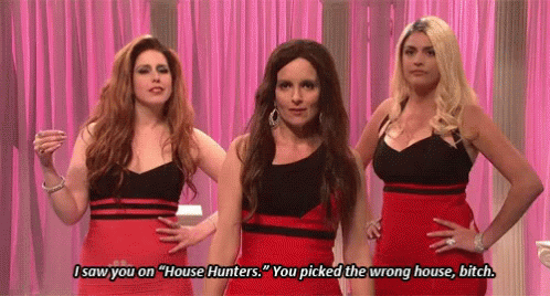 Three Women In Red Dresses Talking About House Hunters GIF